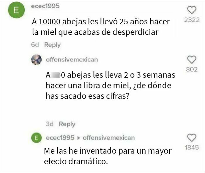 Comentario divertido sobre abejas y miel con respuestas inesperadas mostrando humor en redes sociales.