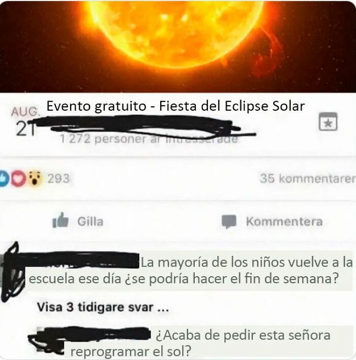 Publicación de fiesta de eclipse solar con comentarios divertidos y respuestas inesperadas de usuarios en redes sociales.