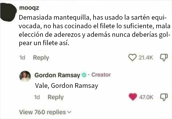 Captura de pantalla de respuesta humorística en hilo de comentarios sobre cocina, ejemplo de Replies inesperadamente divertidas.