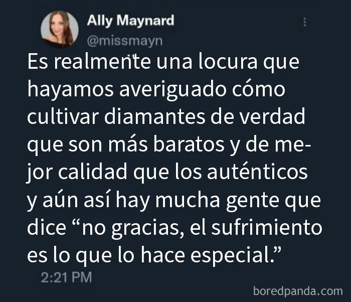 Captura de pantalla de tweet sobre diamantes reales creados con calidad y precio mejores, causando confusión y facepalm.
