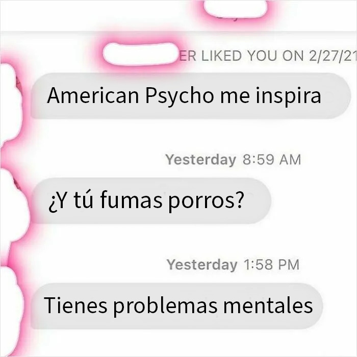 Captura de pantalla de mensajes de hombre patético y cringe mostrando su verdadera personalidad rápidamente en chat.