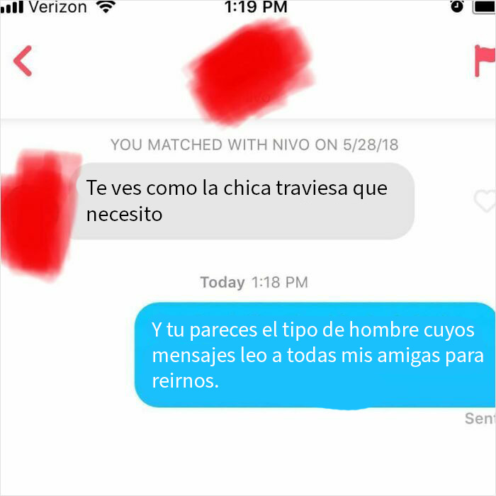 Captura de pantalla de mensaje en app de citas mostrando respuesta feroz de mujer que hizo arrepentir a hombre creepy.