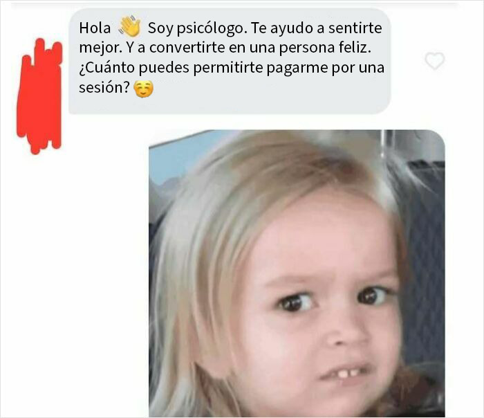 Niña con expresión de incomodidad frente a mensaje de hombre extraño ofreciendo sesión psicológica, mujer con respuesta contundente.