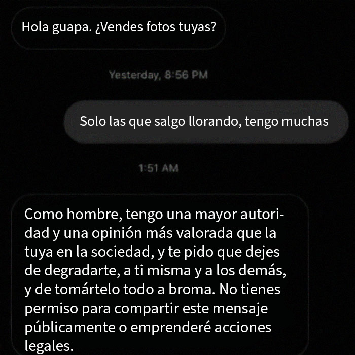 Captura de chat mostrando a hombres patéticos y cringy que revelan su verdadera actitud rápidamente.