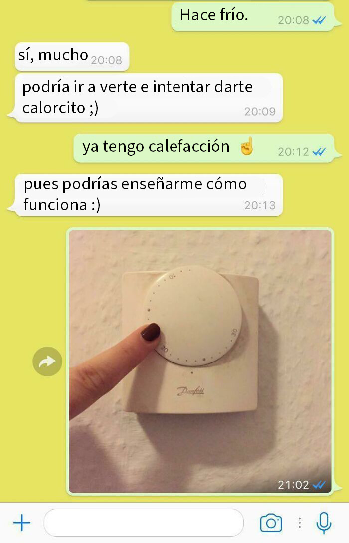 Conversación con respuesta ingeniosa y foto de termostato, ejemplo de mujeres que hacen arrepentir a hombres con réplicas contundentes.
