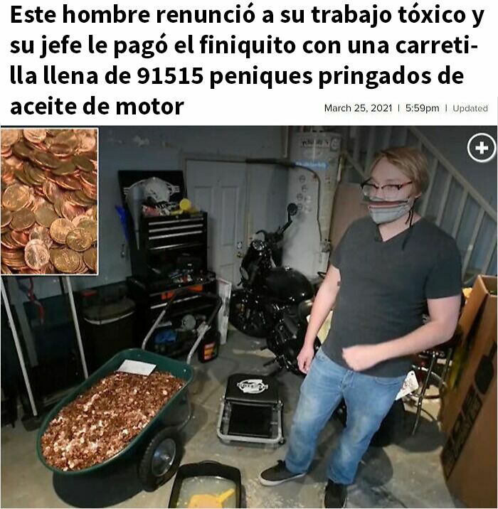 Jefe de trabajo tóxico paga a su ex empleado con peniques cubiertos de aceite de motor