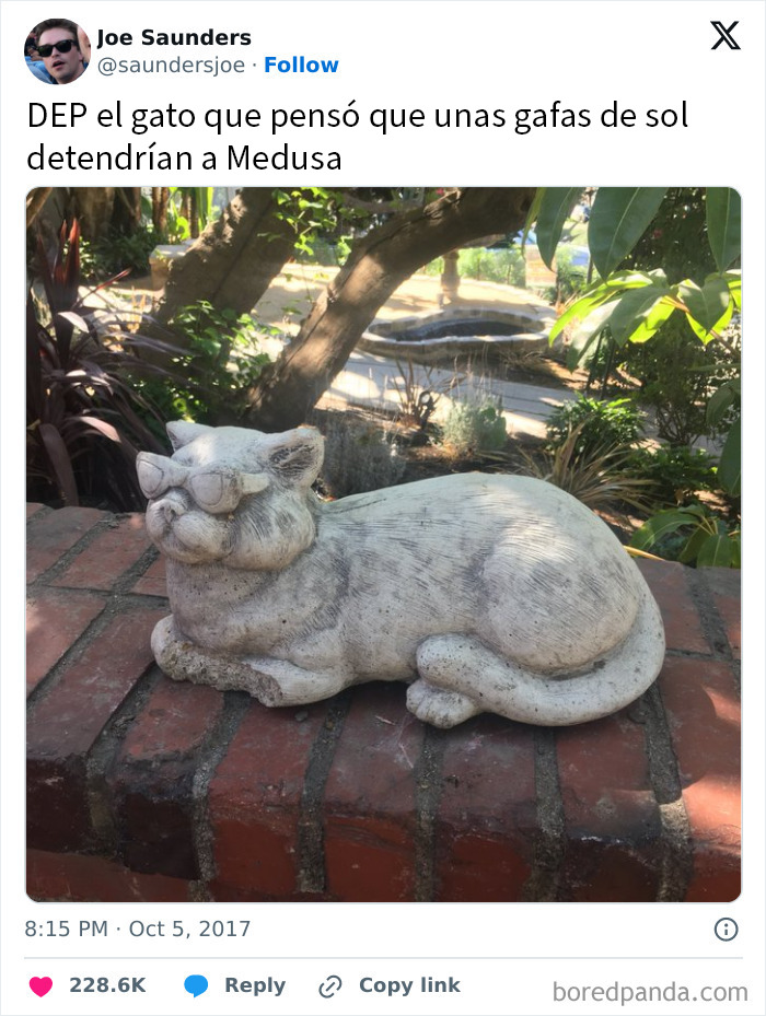 Estatua de gato con gafas de sol, meme divertido de mitos que evoca risas sobre drama familiar y myth memes.