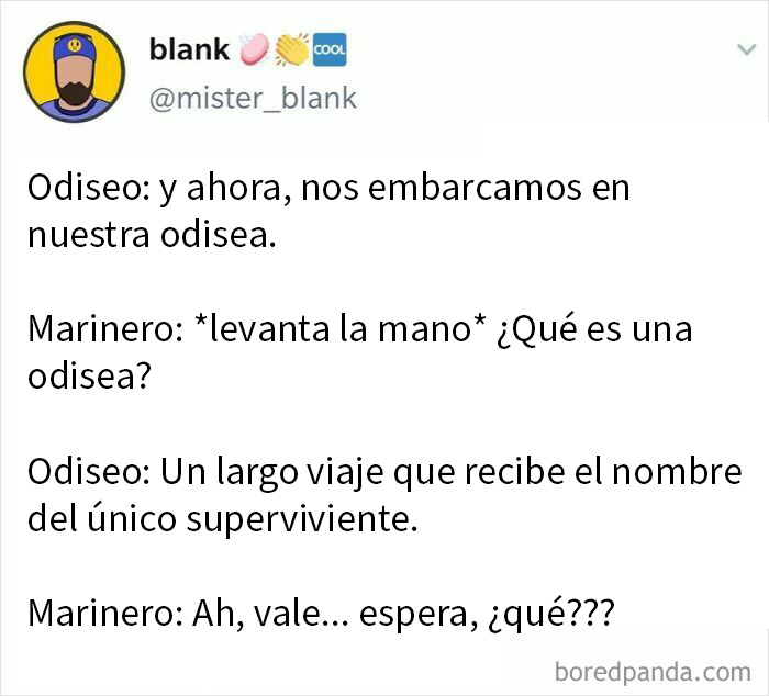 Meme divertido sobre mitología y el viaje de Odiseo, usando humor para explicar términos mitológicos en conversación casual.