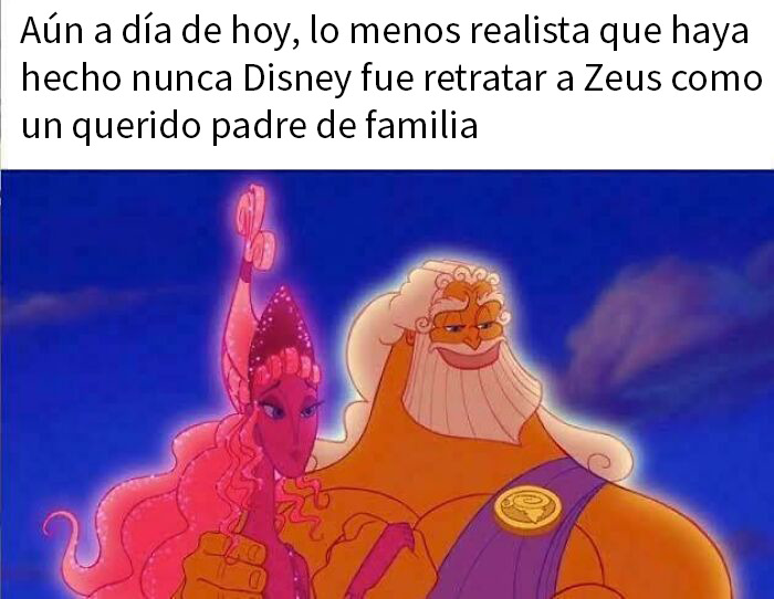 Meme divertido sobre mitos mostrando a Zeus irreconocible como un hombre familiar en una escena de Disney.