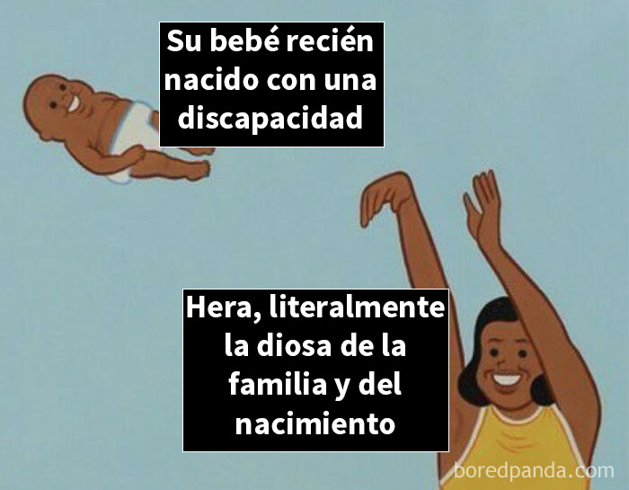 Memes graciosos de mitología con bebé y Hera diosa del parto y la familia en contexto cómico y familiar.