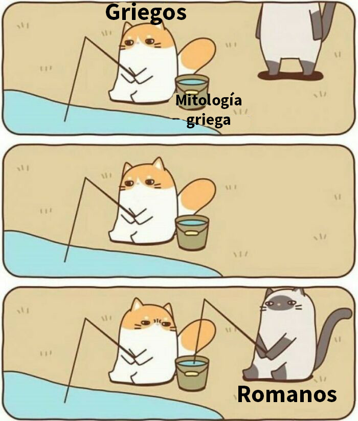 Gatos animados pescando con etiqueta mitología griega y romanos en cómic divertido sobre mitos.