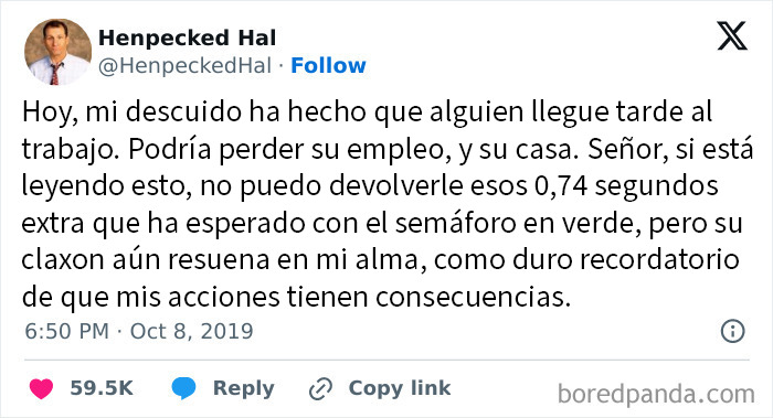 Tuit divertido y reflexivo que muestra la experiencia humana con errores y consecuencias en la vida diaria.