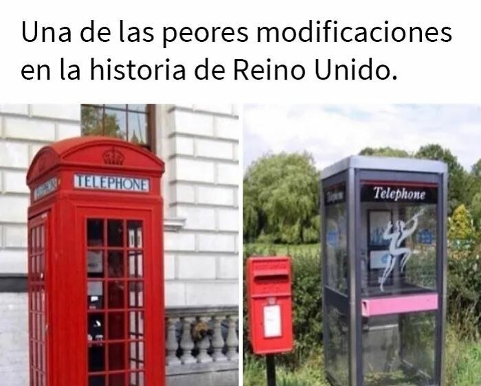 Cabinas telefónicas británicas comparadas, mostrando el cambio en memes divertidos sobre los británicos y su cultura única.