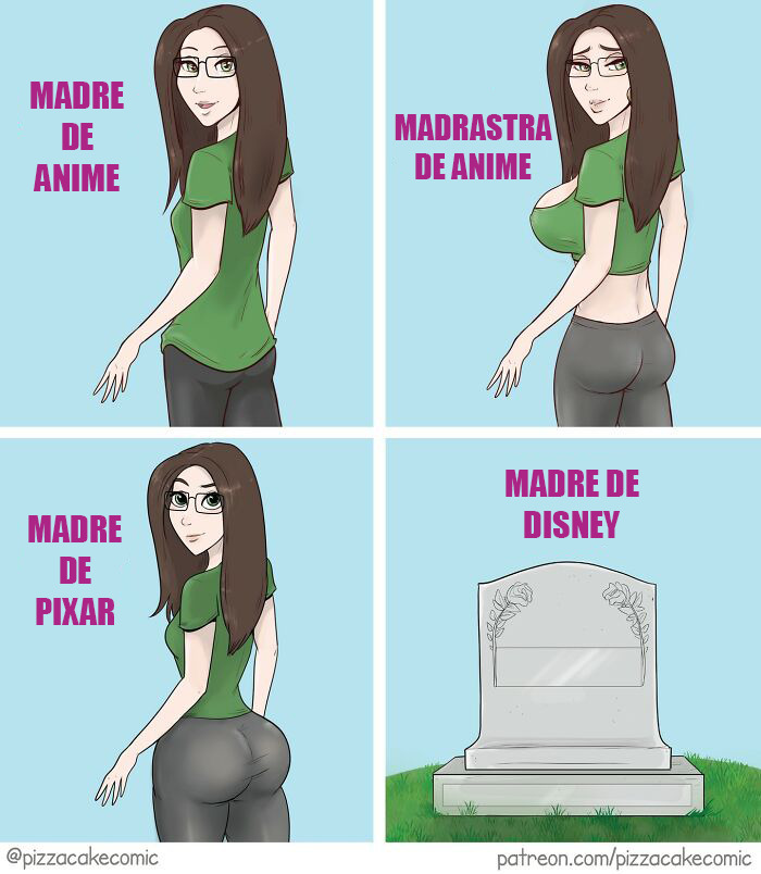 Cómic divertido de PizzaCake mostrando diferentes tipos de mamás en estilo anime y la mom Disney en una tumba.