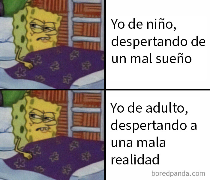 Memes tan relatables que resultan ofensivos con imágenes de Bob Esponja despertando de un mal sueño.