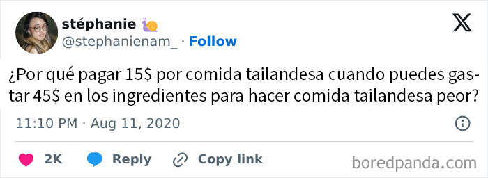 Tuit humorístico sobre gastar más en ingredientes para hacer un pad thai peor en memes tan relatables que son ofensivos.