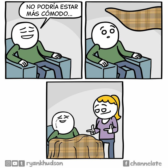 Persona riendo en cómic de humor negro divertido mientras una mujer le cubre con una manta en una escena cómica.