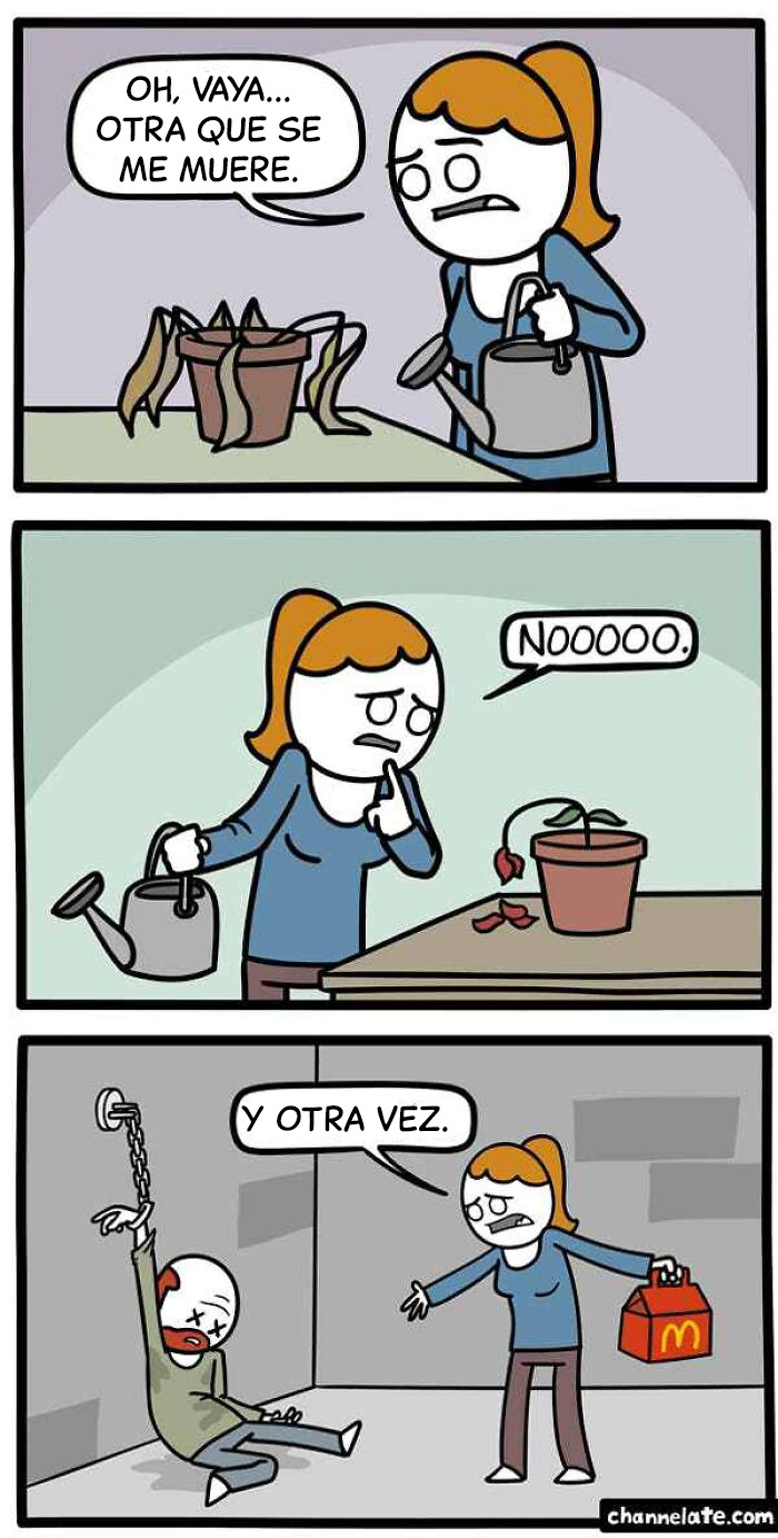 Mujer con humor negro regando plantas y persona encadenada mostrando humor oscuro en cómic divertido.