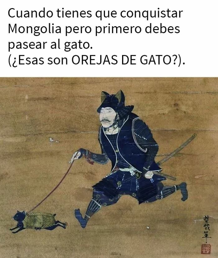 Guerrero medieval con armadura corriendo mientras pasea a un gato, imagen divertida de gatos medievales.