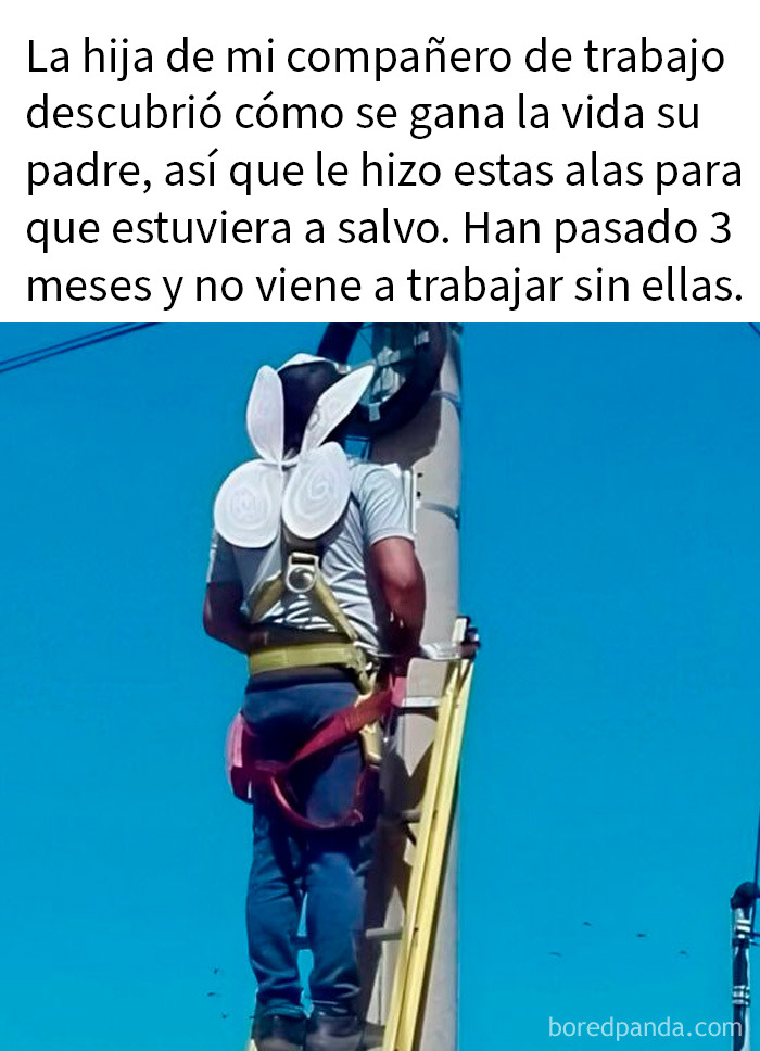 Hombre con alas hechas por su hija para protegerlo, imagen adorable y conmovedora para alegrar tu feed de Instagram.