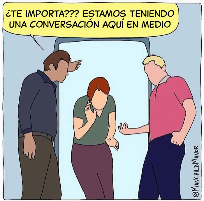 Tres personas en una puerta discutiendo, cómic que refleja las absurdidades de la vida cotidiana en ilustración sencilla.