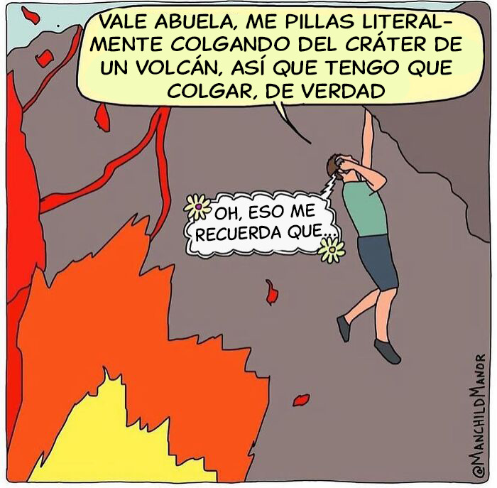 Persona colgando de un volcán en cómic que muestra las absurdidades de la vida con humor y situaciones relatables.