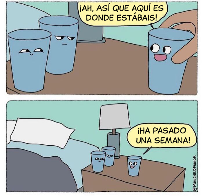 Pareja mirando pared rota en cómic relatable sobre las pequeñas absurdidades de la vida con diálogo humorístico.