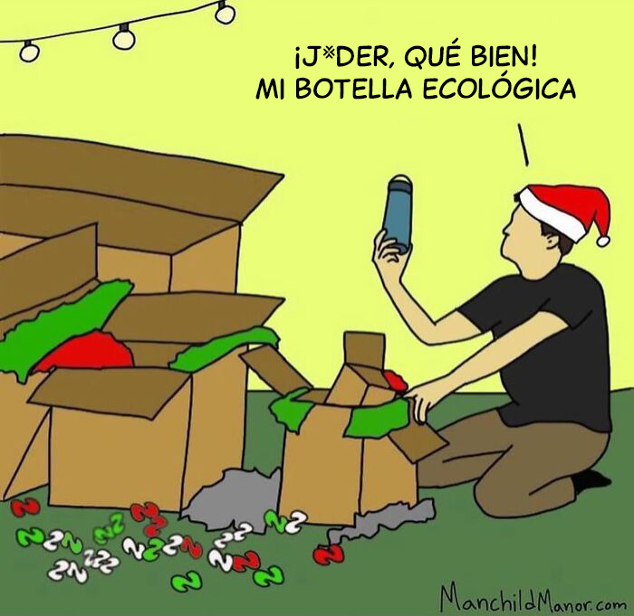 Hombre con gorro navideño abre cajas decorativas en cómic relatable sobre las pequeñas absurdidades de la vida.