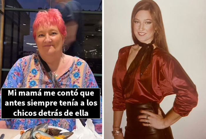 Madre con cabello rosa sorprendiendo a hijos con fotos de juventud, mostrando recuerdos y momentos de sus días jóvenes.