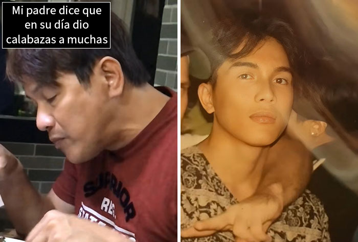 Padre mostrando foto de su juventud que sorprendió a su hijo con imágenes de padres y niños años atrás.