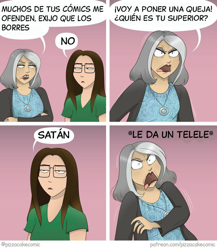 Viñeta cómica divertida y relatable de PizzaCake con dos mujeres discutiendo y expresando sorpresa y enojo.