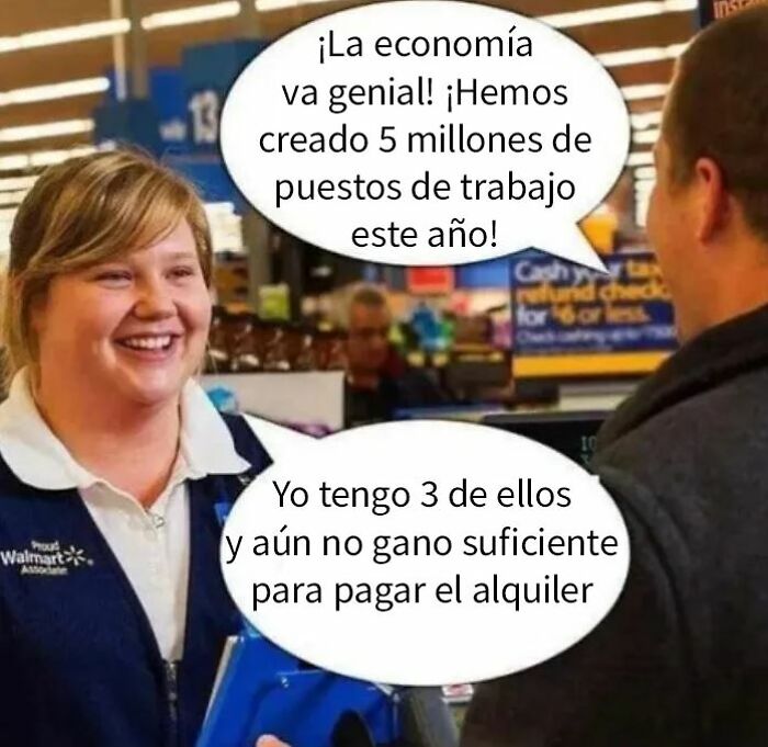 Meme divertido sobre la economía y trabajo, resaltando la dificultad para pagar la renta pese a tener varios empleos.