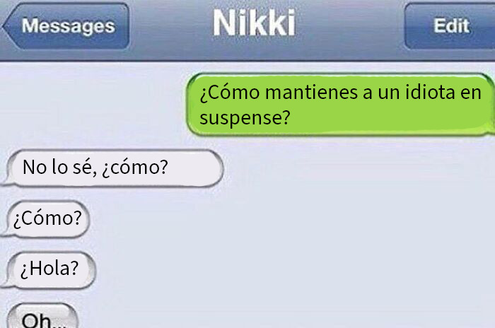 Captura de pantalla de conversación divertida con textos graciosos y bromas en mensajes llenos de suspenso.