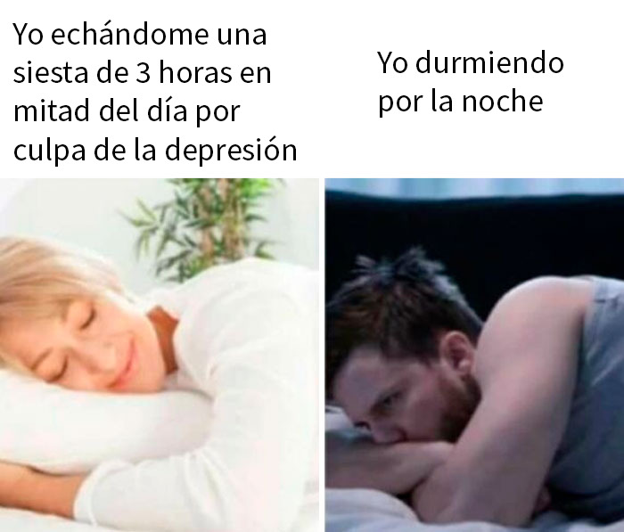 Mujer durmiendo plácidamente de día y hombre despierto y preocupado de noche en meme divertido sobre problemas.