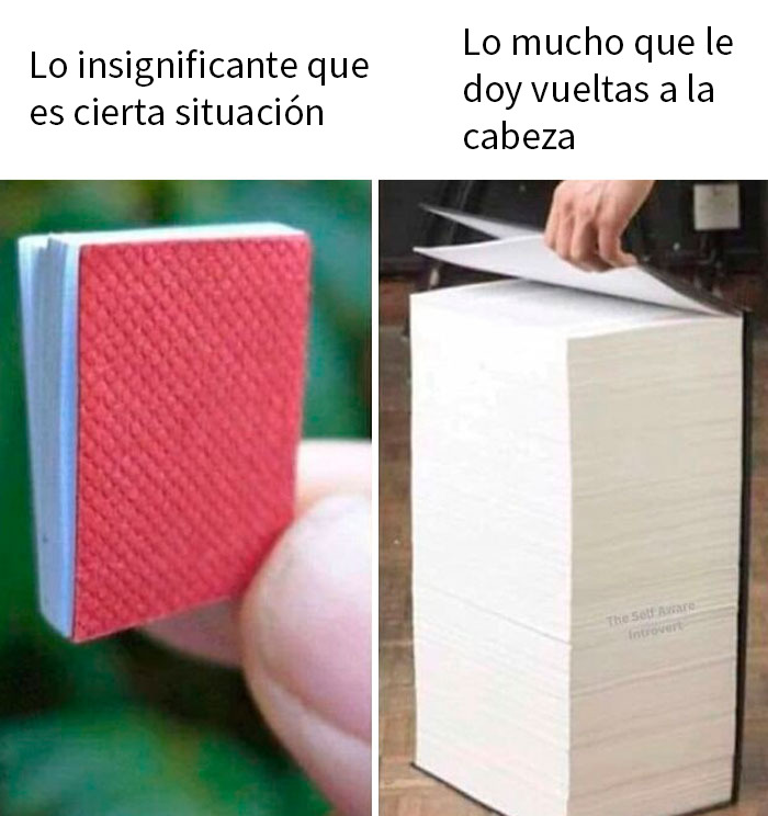 Comparación entre situación menor y sobrepensar, ilustrado con libros pequeños y grandes, meme divertido para memes graciosos.