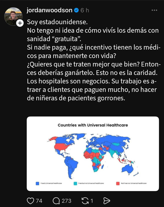 Publicación en redes mostrando sistema de salud americano y mapa mundial de atención médica universal, ejemplo de vergüenza online.