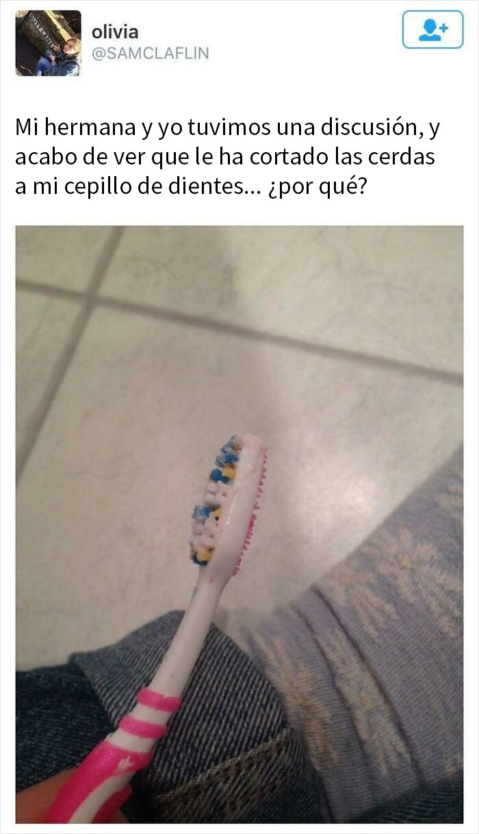 Cepillo de dientes con cerdas cortadas como ejemplo de venganza pequeña y satisfactoria compartida online.