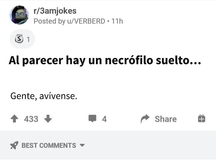 Publicación divertida con comentario irónico sobre necrofilia, parte de posts hilarantemente estúpidos para votos enojados.