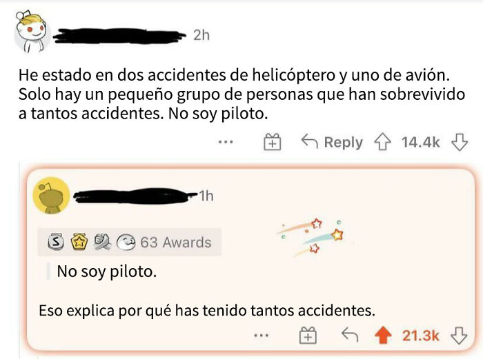 Comentario divertido sobre accidentes de helicóptero y avión, destacado por votos en una publicación hilarantemente estúpida.