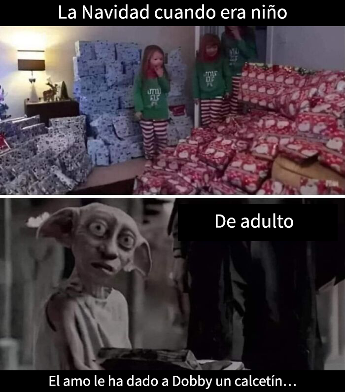 Niños emocionados con muchos regalos y Dobby adulto con calcetines, meme divertido de Navidad que captura el espíritu festivo.