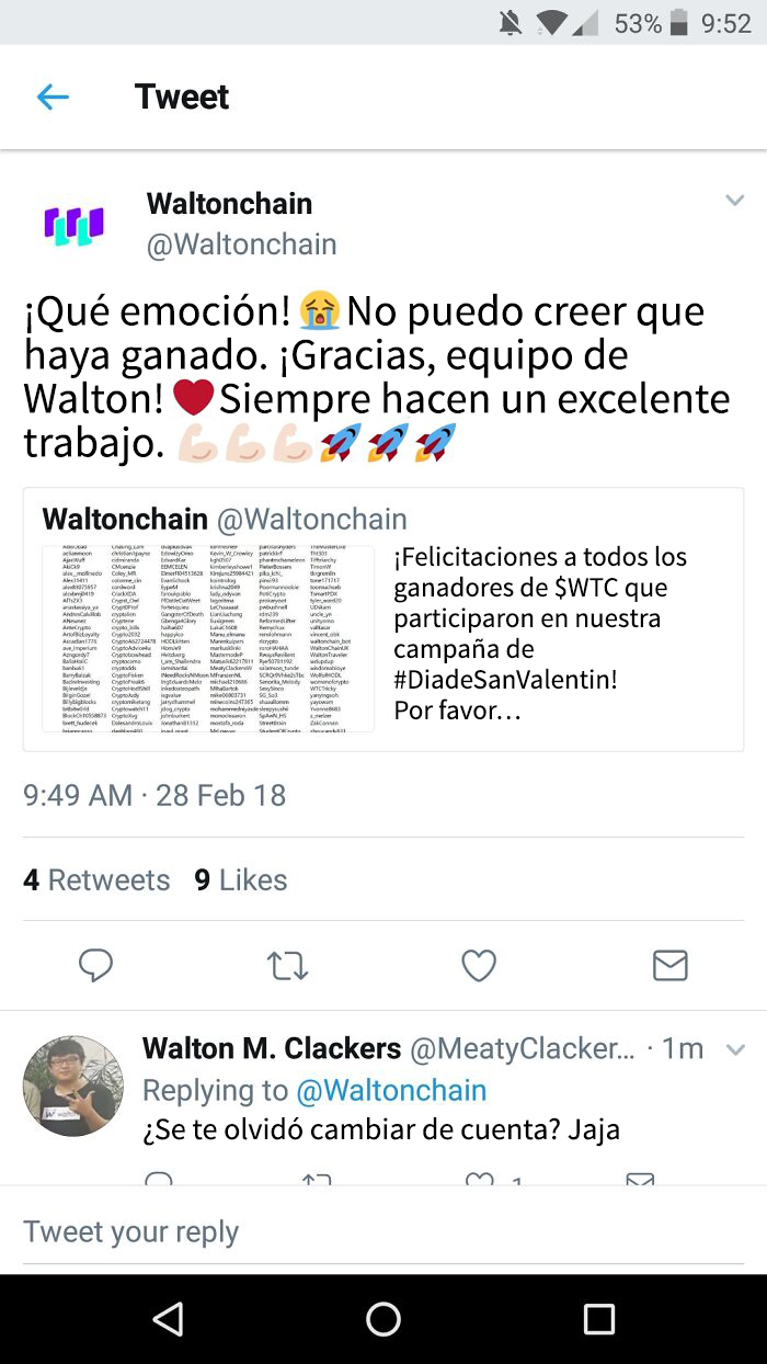 Captura de pantalla de error en redes sociales de una empresa con confusión entre cuentas y mensajes contradictorios.
