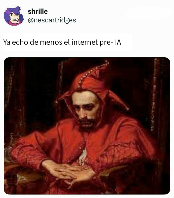 Usuario de Twitter con avatar dibujado y meme cómico sobre extrañar el internet previo a la IA, humor para posts divertidos.