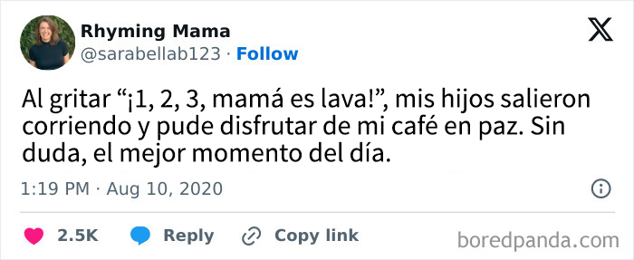 Tuit divertido sobre crianza donde una mamá usa el juego de lava para lograr un momento de paz con sus hijos.
