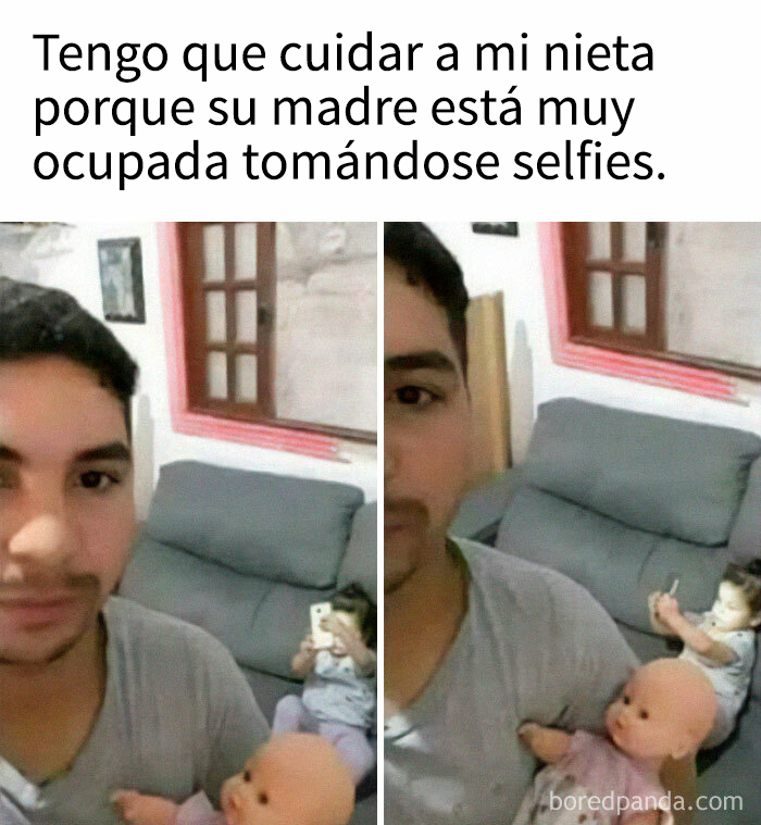 Hombre cuidando a su nieta mientras ella toma selfies, ejemplo divertido de memes de crianza hilarantes y acertados.