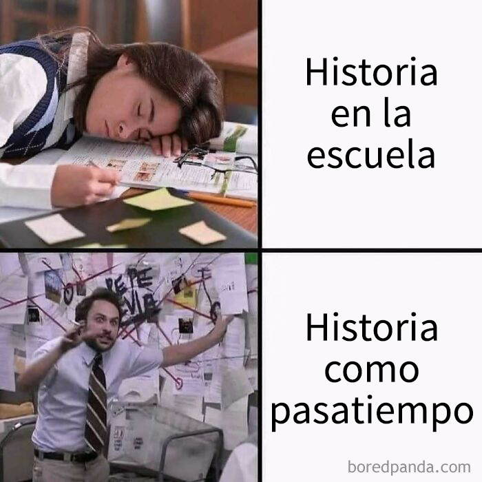 Mujer dormida sobre libros vs hombre explicando conspiración en memes absurdos estilo arte de performance.