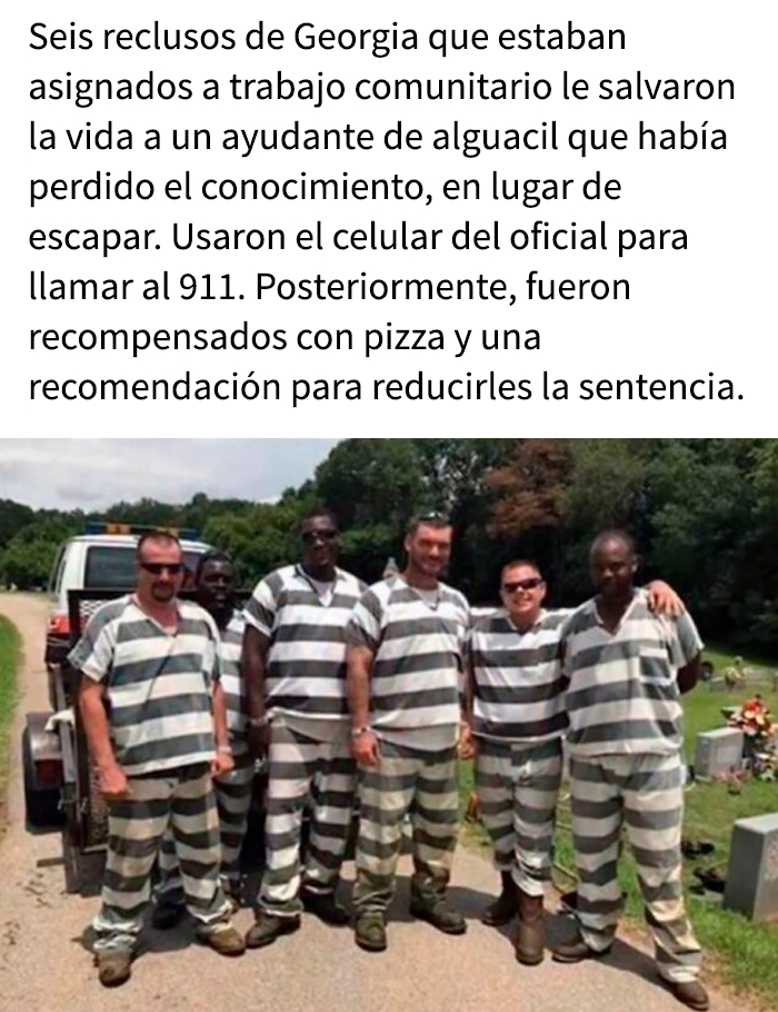 Seis presos de Georgia en uniforme a rayas posan juntos tras salvar a un diputado inconsciente, relacionado con perder la capacidad de caminar.