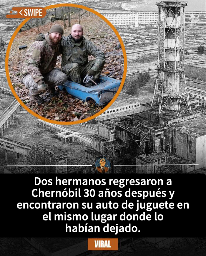 Dos hermanos en Chernóbil con un coche de juguete, ilustración y escena viral relacionada con historias sorprendentes de bebidas energéticas.