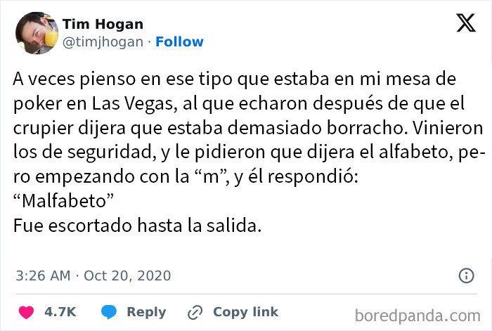 Tuit divertido donde alguien sigue instrucciones literalmente, causando un resultado hilarante en una situación social relacionado con incidentes graciosos.