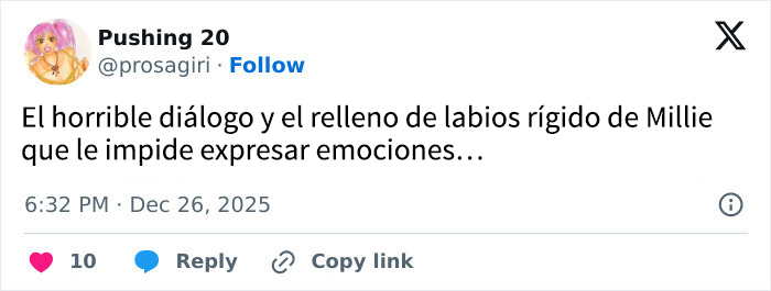 Captura de tuit criticando el diálogo y el relleno de labios rígido de Millie Bobby Brown en Stranger Things.