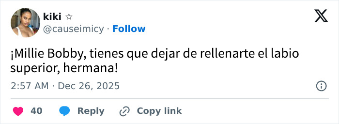 Respuesta en Twitter destacando el comentario de fans sobre Millie Bobby Brown tras foto viral de Stranger Things.